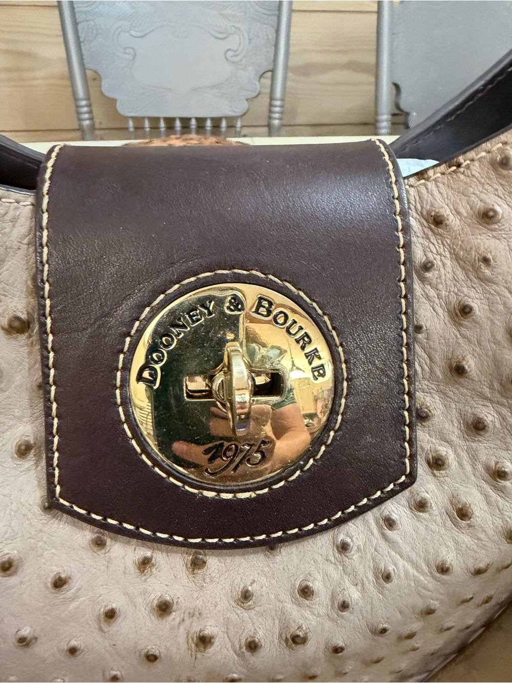 Dooney & Bourke Beige Ostrich-Texture Hobo with Dark Brown Trim - Picture 3 of 5